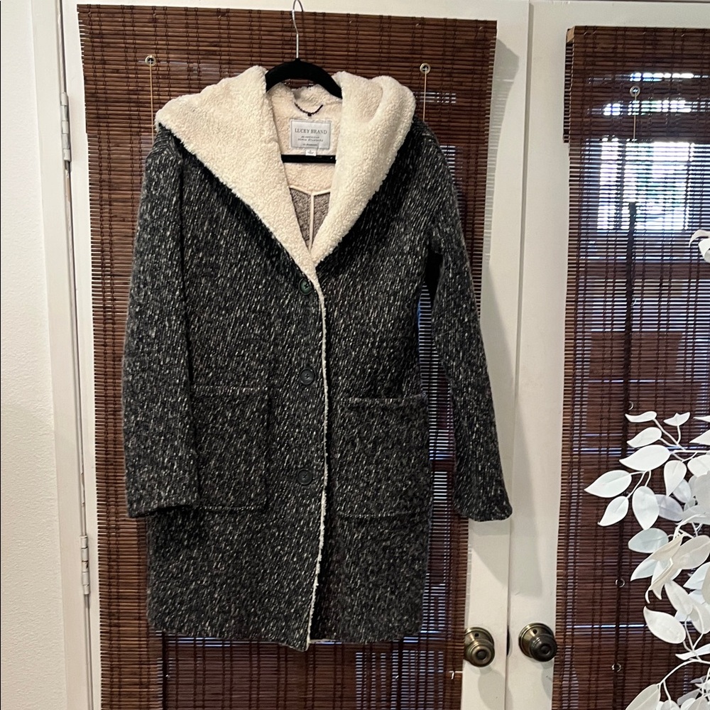 Lucky Brand Black and Cream Hooded Teddy Jacket